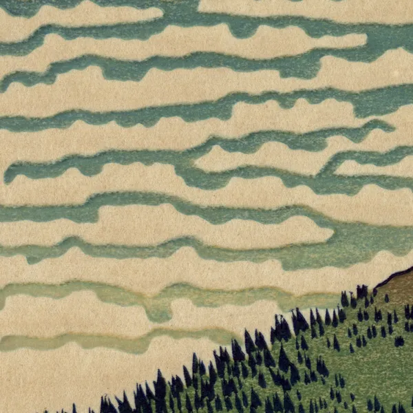 Fine Wind Clear Morning (Red Fuji), 1831 — Diptych, close-up: a forested slope beneath the clouds