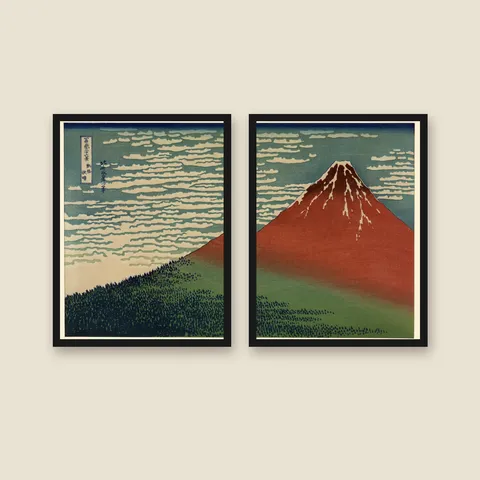 Fine Wind Clear Morning (Red Fuji), 1831 — Diptych — Framed — black