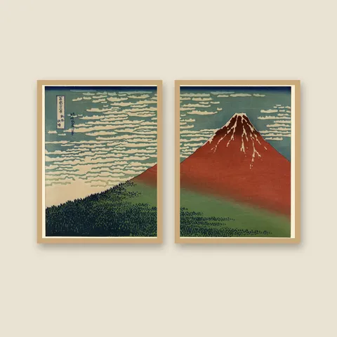Fine Wind Clear Morning (Red Fuji), 1831 — Diptych — Framed — natural oak