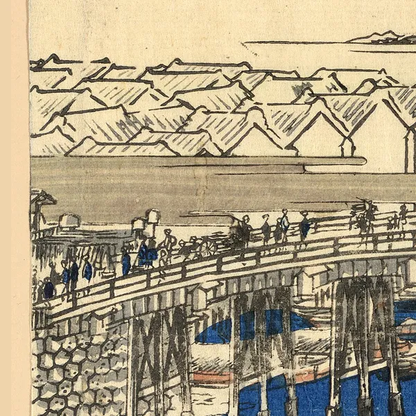 Four Seasons of Edo — Hiroshige 4-Piece Set, close-up: spring: crowds crossing the snowy Nihonbashi