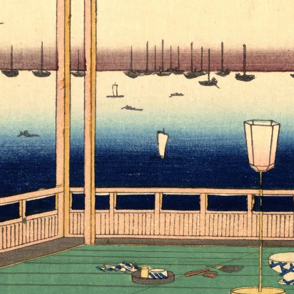 Four Seasons of Edo — Hiroshige 4-Piece Set, close-up: autumn: sailboats on the bay beyond a veranda