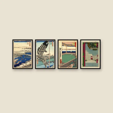 Four Seasons of Edo — Hiroshige 4-Piece Set — Framed — black
