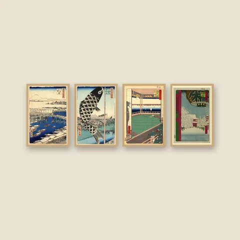 Four Seasons of Edo — Hiroshige 4-Piece Set — Framed — natural oak