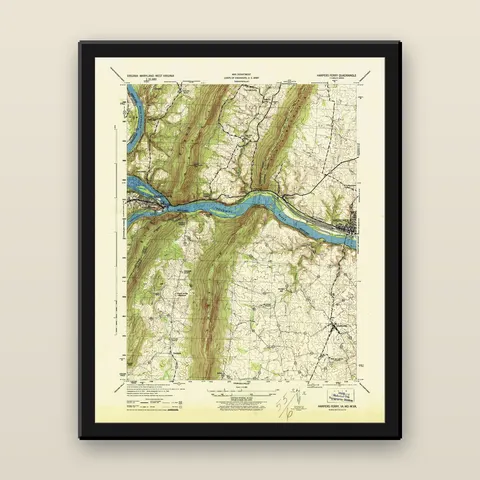 Harpers Ferry Topographic Map, 1944 — Framed — black