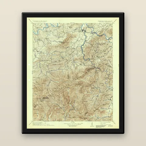 Mount Guyot and the Great Smoky Mountains Topographic Map, 1912 — Framed — black