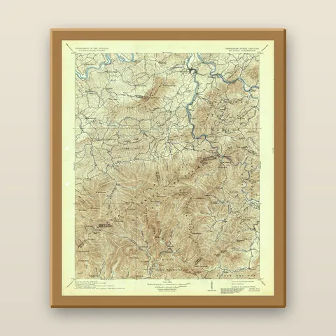 Mount Guyot and the Great Smoky Mountains Topographic Map, 1912 — Framed — natural oak