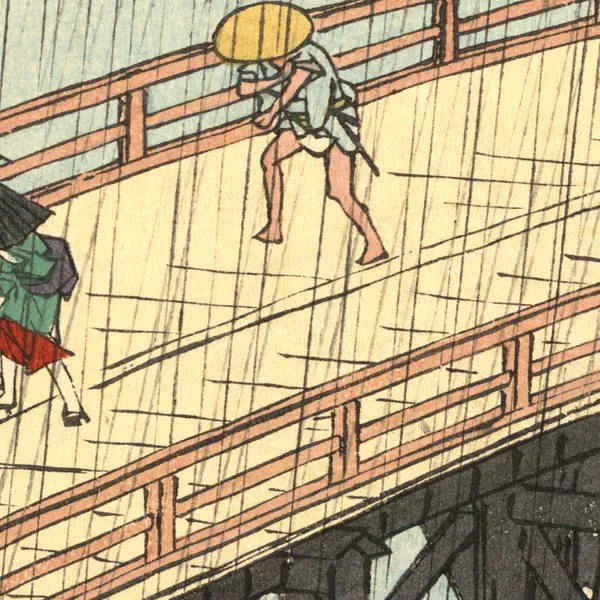 Sudden Shower over Shin-Ohashi Bridge, 1857 — Tall Pair, close-up: a lone figure crossing in driving rain