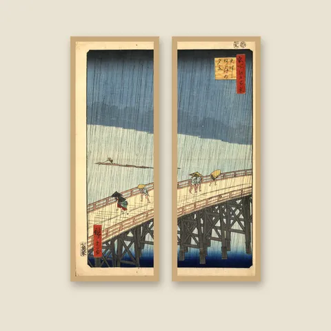 Sudden Shower over Shin-Ohashi Bridge, 1857 — Tall Pair — Framed — natural oak