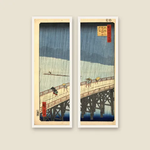 Sudden Shower over Shin-Ohashi Bridge, 1857 — Tall Pair — Framed — white