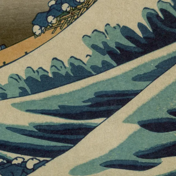 The Great Wave off Kanagawa, 1831 — Triptych, close-up: oarsmen crouched in a long boat