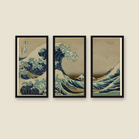 The Great Wave off Kanagawa, 1831 — Triptych — Framed — black