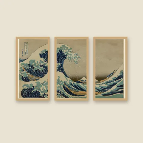 The Great Wave off Kanagawa, 1831 — Triptych — Framed — natural oak