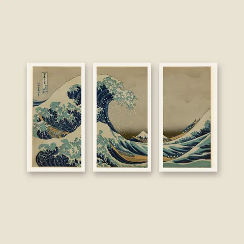 The Great Wave off Kanagawa, 1831 — Triptych — Framed — white